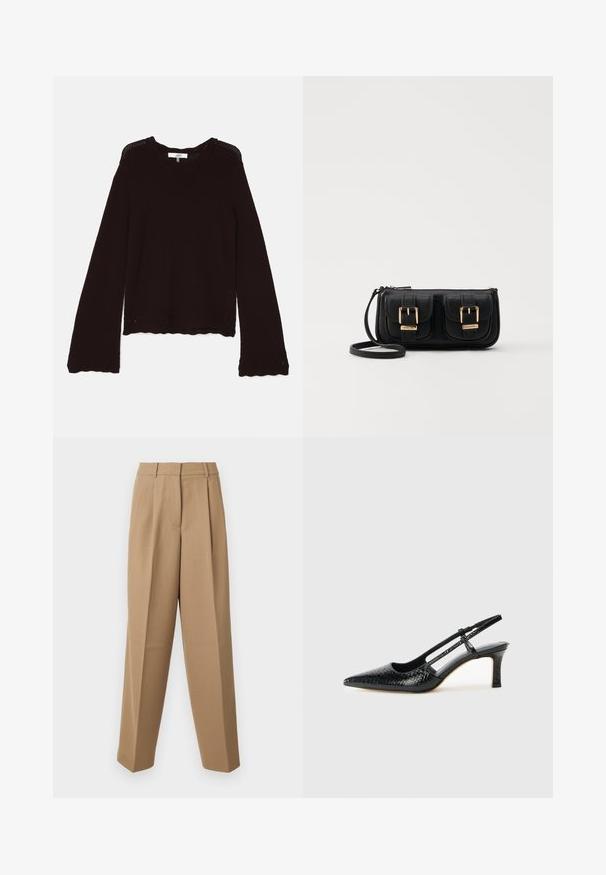 Pull en tricot brun foncé avec un col côtelé, des manches longues et un ourlet festonné orné d'un motif ajouré décoratif le long des bords.; Pantalons beige ajustés avec une taille haute, une devant plissé et une coupe évasée. Le tissu semble lisse avec un léger éclat.; Escarpin slingback en vernis noir avec un bout pointu, présentant un imprimé serpent texturé, une sangle réglable et un petit talon bloc texturé.; Sac en cuir noir porté en travers avec deux poches avant, boucles dorées, fermeture zippée et une sangle fine. Surface texturée et forme rectangulaire compacte.