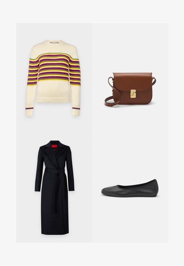 Pulover crem cu dungi orizontale în roșu, verde, galben și albastru. Prezintă un guler rotund și manșete tricotate. Textură tricotată.; Tricou alb cu mânecă scurtă, confectionat dintr-un material texturat. Gât rotund, tăietură regulară și detalii subtile de cusătură. Fără modele sau grafice.; Palton negru cu mâneci lungi, design înfășurat și curea asortată. Fabricat dintr-un material neted, are un guler cu tăieturi și buzunare laterale.; Balerini din piele neagră, cu vârf rotund, textură netedă, detalii de cusătură minimale și un design al tălpii flexibil.; Geantă de piele maro cu închidere tip capac, accesorii de culoare aurie, curea de umăr și o textură netedă. Formă compactă și rectangulară.