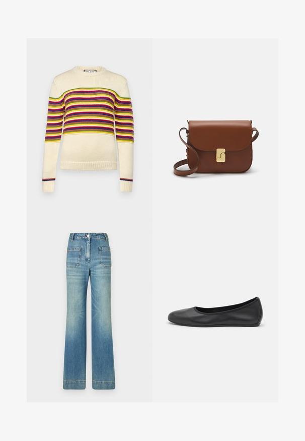 Crème-kleurige trui met horizontale strepen in rood, groen, geel en blauw. Heeft een ronde halslijn en ribbelmanchetten. Gebreide textuur.; Witte korte mouwen t-shirt van ribstof. Ronde halslijn, normale pasvorm en subtiele stiksels. Geen patronen of grafische elementen.; Lichtblauwe spijkerbroek met flared model, vijf zakken, riemlussen, knoopsluiting en een licht vervaagd textuur, met een rode logo-detail op de achterkant.; Zwarte leren ballerina met een ronde neus, gladde textuur, minimale stikdetails en een flexibele zoolontwerp.; Bruine leren handtas met een klep sluiting, gouden hardware, een schouderband en een gladde textuur. Compact rechthoekige vorm.