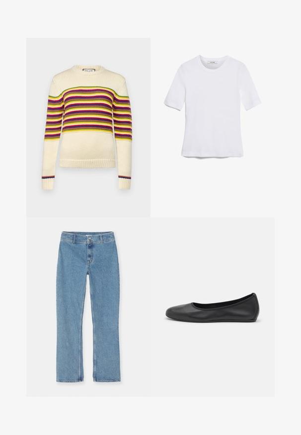 Pull crème avec des rayures horizontales rouges, vertes, jaunes et bleues. Présente un col rond et des poignets côtelés. Texture tricotée.; T-shirt blanc à manches courtes en tissu côtelé. Col rond, coupe régulière et détails de couture subtils. Aucune motif ni graphique.; Jean en denim bleu clair à jambe droite avec fermeture à bouton et à fermeture éclair, passants de ceinture et couture standard sur fond blanc.; Ballerines en cuir noir avec un bout rond, texture lisse, détails de couture minimalistes et design de semelle flexible.