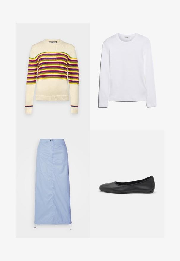 Cremfarbener Pullover mit horizontalen Streifen in Rot, Grün, Gelb und Blau. Mit rundem Halsausschnitt und gerippten Bündchen. Stricktextur.; Langärmliges weißes T-Shirt aus geripptem Baumwollstoff, mit rundem Ausschnitt und geradem Saum. Einfaches Design ohne Muster oder Akzente.; Helleblaue Midilänge-Rock aus glattem, leichtem Material mit geradem Schnitt, verfügt über eine Knopfverschluss vorne und einen Kordelzugsaum.; Schwarze Leder-Ballettschuhe mit abgerundeter Spitze, glatter Textur, minimalen Nähdetails und einem flexiblen Sohlen-Design.