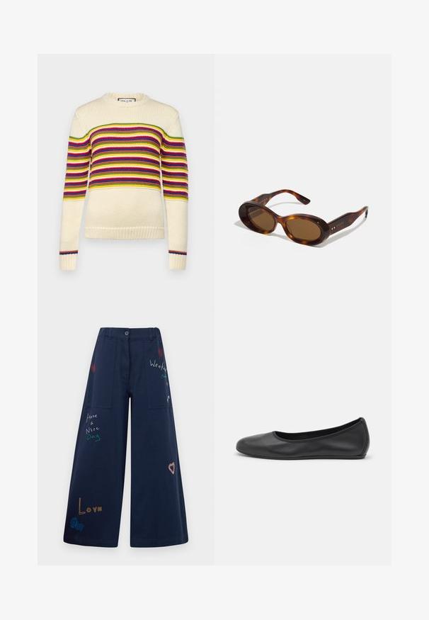 Svjetložuti pulover s horizontalnim prugama u crvenoj, zelenoj, žutoj i plavoj boji. Ima okrugli izrez i rebraste manžete. Pletena tekstura.; Mornarski plavi hlače širokih nogavica od pamuka s više džepova. Sadrži šareni izvezeni tekst i grafiku, uključujući srca i razigrane fraze.; Crne kožne baletanke s zaobljenim vrhom, glatke teksture, minimalnim detaljima šavova i fleksibilnim dizajnom potplata.; Suncobrani od kornjačevine s ovalnim staklima, smešnim nijansama i zlatnim naglascima na drškama. Debeli okviri s sjajnom završnom obradom i glatkom teksturom.; Smeđa kožna torba s preklopom, zlatnim detaljima, remenom za nošenje preko ramena i glatkom teksturom. Kompaktni pravokutni oblik.
