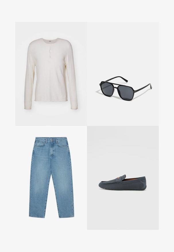 Pikkade varrukatega, kreemjas värvitoonis henley särk, mis on valmistatud pehmest kangast. Särgil on ümmargune kaelus, ees kolm nööpi ja sirge äär.; Heledad tumesinised lai jalgadega teksad kõrge vöökohtaga, millel on viis taskut, vöökohad ja pehme, kergelt pleekinud tekstuur.; Hallitusestatud perforatsioonidega hallad, millel on libisemisega disain, oranž aktsent, ümardatud varvas ja tekstureeritud kummist välispohjaga.; Mustad mustad prillid oktaalpäistega, tumedad läätsed, läikiv viimistlus, õhukesed templid ja kuldsed aktsendid ees.