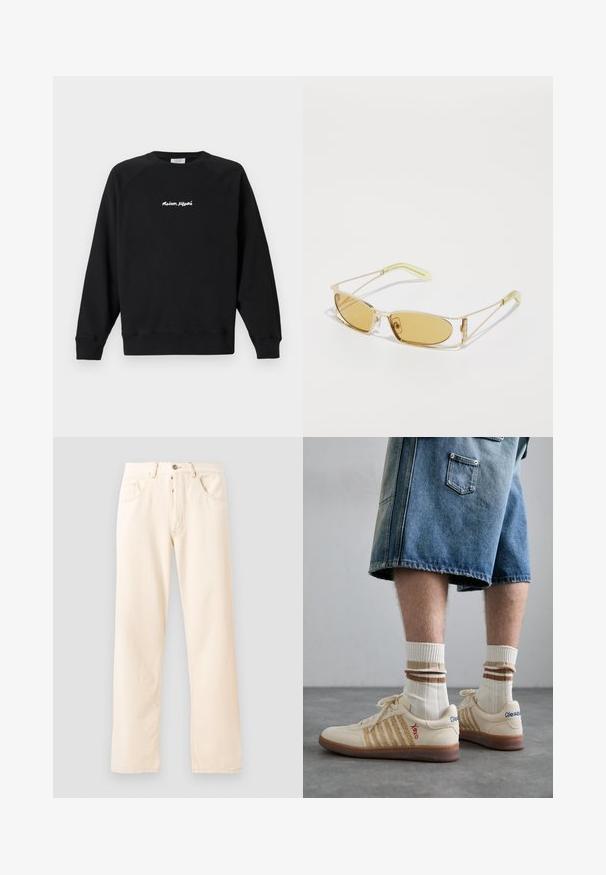 Černá mikina s raglánovými rukávy, žebrovanými manžetami a lemem. Na hrudi má bíle vyšitý nápis "Maison Kitsuné".; Světlé béžové džíny s rovnými nohavicemi, pěti kapsami a předním zapínáním na knoflík. Šití viditelné podél švů.; Bežové retro tenisky s hnědou gumovou podrážkou, zdobené pruhovanými detaily a vyšitými logy. Nosené s bílými ponožkami, pruhovaný hnědý detail.; Sluneční brýle se žlutým nádechem, s průhledným zlatým rámem, štíhlým obdélníkovým tvarem a úhlovými nohami s světle zelenými akcenty.