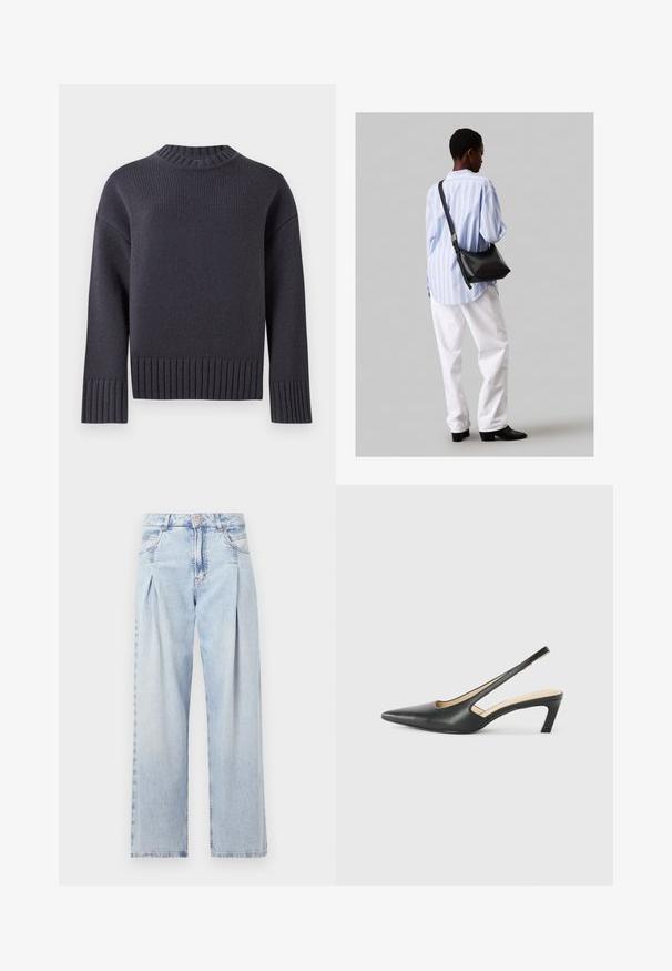 Jūros mėlynumo megztinis su aukštu briaunotu kaklu, plačiais briaunotais rankogaliais ir apvadu. Turintis laisvą siluetą ir tekstūruotą audinį.; Šviesiai mėlyni džinsai su aukštu liemeniu, plačiomis kojomis, dviem šoninėmis kišenėmis ir raukinių dizainu. Minkšta tekstūra su nudilusia apdaila.; Juodas smailus slingback batelis su žemu kulnu, pagamintas iš lygaus odos paviršiaus ir su išpjovomis šone, užtikrinančiomis oro pralaidumą.; Juodas odinis petinis krepšys su minkšta tekstūra, trikampiu pavidalu ir reguliuojama juosta, derinamas su šviesiai mėlynu dryžuotu marškinėliu ir baltais džinsais.