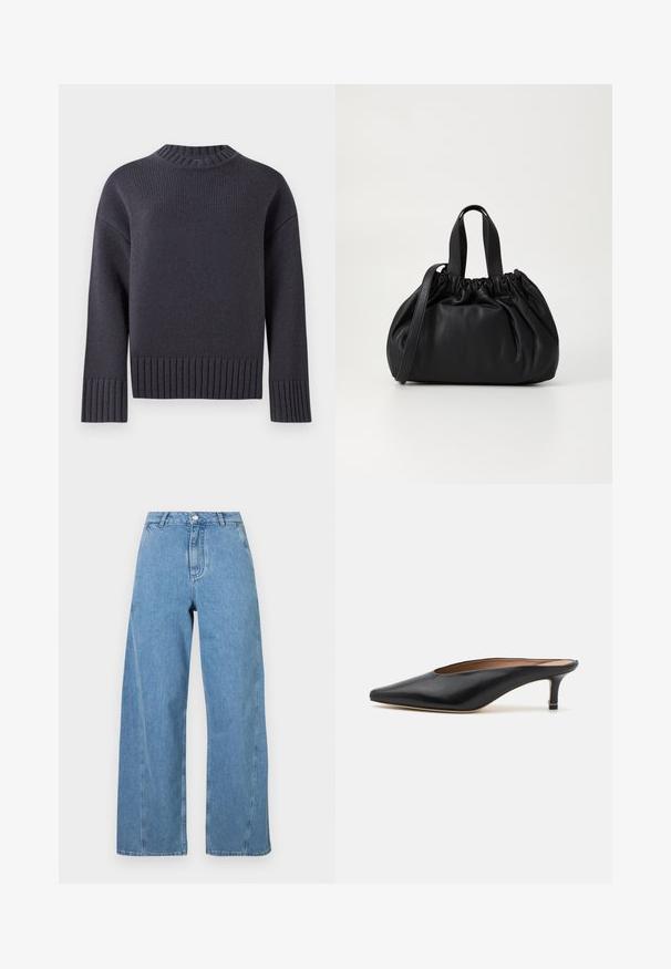 Marine blauwe gebreide trui met een hoge geribbelde halslijn en brede geribbelde mouwen en zoom. Heeft een relaxte pasvorm en textuurstof.; Lichtblauwe wijde jeans gemaakt van denim, met een hoge taille, rechte snit en contrasterende stiksels langs de naden.; Zwarte leren muiltjes met een puntige neus en een lage, blokhak. Glad oppervlak met een gestroomlijnd ontwerp. Open achterkant met minimale details.; Zwarte leren handtas met een geplooid ontwerp aan de bovenkant, voorzien van twee korte handvatten en een lange verstelbare schouderband. Gladde textuur, ronde vorm.