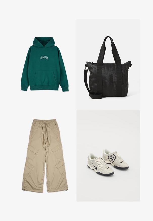 Zielona bluza z kapturem, wykonana z miękkiego materiału, z przednią kieszenią i białym haftowanym napisem na klatce piersiowej. Wygodny krój, ściągacze przy mankietach.; Beżowe spodnie cargo z elastycznym paskiem, wieloma bocznymi kieszeniami i luźnym krojem. Wykonane z lekkiego, gładkiego materiału z detalami przeszycia.; Sneakers Nike z beżową i szaro teksturowaną cholewką, czarnymi akcentami, dużym logo "90" oraz białym wiązaniem. Czarna podeszwa.; Czarna torba typu tote wykonana z teksturowanej tkaniny, z podwójnymi uchwytami u góry i odpinanym paskiem na ramię. Posiada zamek błyskawiczny zapewniający bezpieczne przechowywanie.