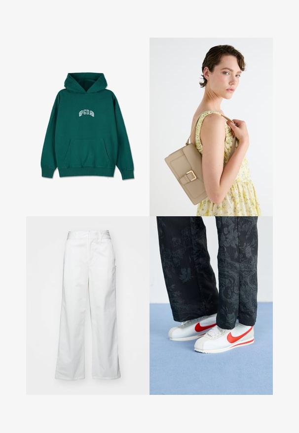 Žalias gobtuvė su minkšta medžiaga, su priekinėmis kišenėmis ir baltu siuvinėtu tekstu ant krūtinės. Patogi išvaizda, raukšlėtos rankovės.; Balti plačios kojos kelnės, pagamintos iš medvilnės, turinčios lygią tekstūrą, tiesų siluetą, priekinės kišenės ir švarų apvado kraštą.; Baltos Nike sneaker'iai su raudonais akcentais, derinami su juodomis kelnių, turinčiomis gėlių raštą. Paviršius lygus, su plokščiu pynimo padu.; Bežinė odinė rankinė su struktūrizuotu dizainu, auksine sagtimi ir reguliuojama dirželiu, pateikta šviesiame fone.