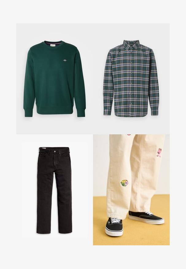 Zelená mikina vyrobená z měkké tkaniny, s kulatým výstřihem a dlouhými rukávy. Malé vyšívané logo na hrudi. Elastické manžety a lem.; Zelená flanelová košile s kostkovaným vzorem, která obsahuje modré, bílé a hořčičně žluté pruhy. Zapínání na knoflíky a špičatý límec. Dlouhé rukávy.; Černé džíny rovného střihu s pěti kapsami, zapínáním na knoflík a poutky na opasek, položené na bílém pozadí.; Béžové bavlněné kalhoty s hravými vyšívanými vzory, včetně růžové postavičky a barevného bloku, v kombinaci s černými šněrovacími teniskami.