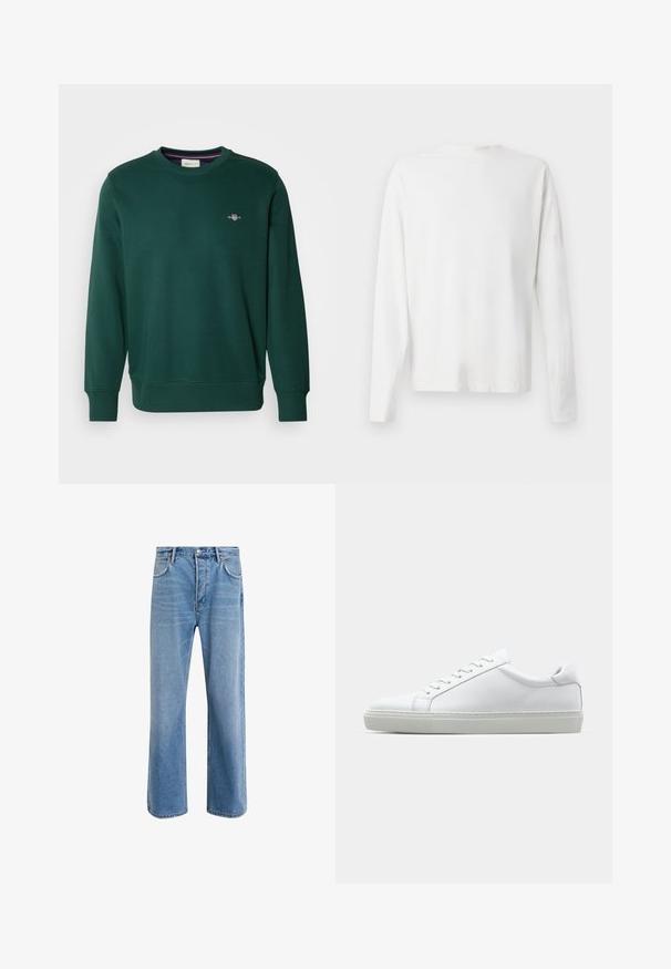 Grüner Sweatshirt aus weichem Material, mit rundem Halsausschnitt und langen Ärmeln. Kleines gesticktes Logo auf der Brust. Elastische Bündchen und Saum.; Langärmliges weißes Baumwollhemd mit rundem Ausschnitt, seitlichen Schlitzen am unteren Rand und glatter Textur, von hinten präsentiert.; Helle blaue Jeans im Geradeschnitt-Design, mit fünf Taschen, Knopfverschluss, minimaler Ausbleichung und kontrastierenden Nähdetails.; Weißer Sneaker mit glattem Lederobermaterial und niedrigem Profil. Verfügt über eine runde Zehenpartie, sechs Ösen und eine strukturierte Gummisohle.