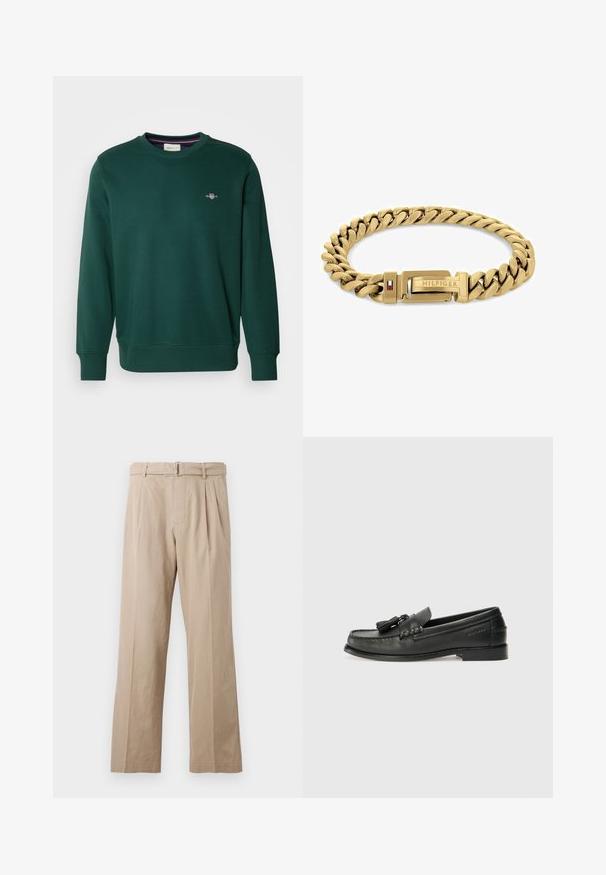Zelená mikina vyrobená z měkké tkaniny, s kulatým výstřihem a dlouhými rukávy. Malé vyšívané logo na hrudi. Elastické manžety a lem.; Béžové kalhoty širokého střihu vyrobené z hladké bavlněné směsi, s předními puky, prošitým pasem a kovovým páskem s přezkou.; Černé kožené mokasíny s kulatou špičkou, dekorativními třásněmi a prošívaným designem. Plochá podrážka s nenápadným brandingem na straně.; Zlatý náramek se propojenými články, s klipem s logem "HILFIGER" a červeným a modrým akcentem. Hladký, lesklý povrch.