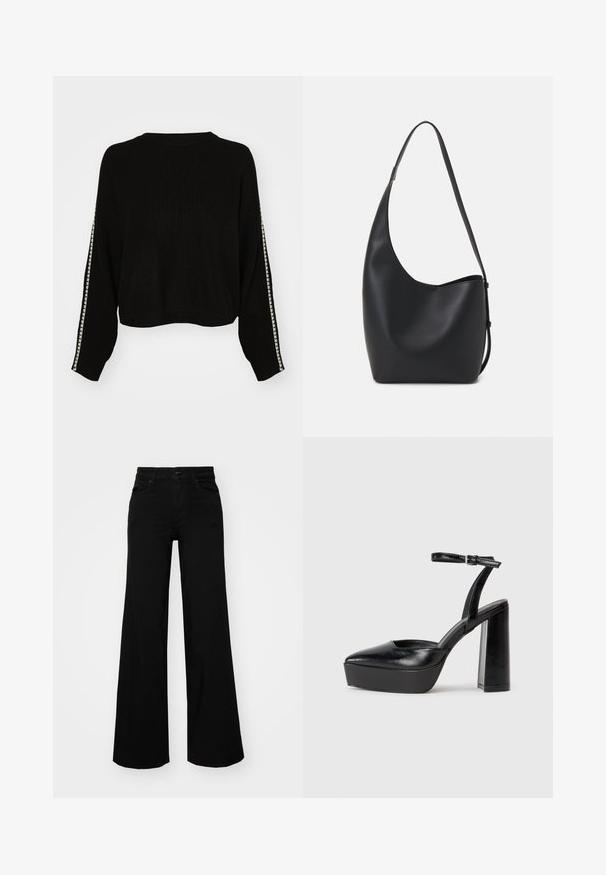 Juodas, standus megztinis su trumpa prasme ir ilgomis rankovėmis. Yra kontrastingas baltas dryžuotas apdaila aplink rankoves.; Juodos plačios kelnės iš denimo, turinčios struktūruotą juosmenį, diržo kilpas ir priekines kišenes. Lygus paviršius su klasikinio dizaino elementais.; Juodi platforminiai aukšti kulniukai su smailiu kojų pirštu ir reguliuojamu kulkšnies dirželiu. Pagaminti iš lygaus odos, turi masyvų blokinį kulną.; Juodas odinis hobo maišas su lygiu paviršiumi, kreipta forma ir viena reguliuojama rankena; turi platų atidarymą viršuje.