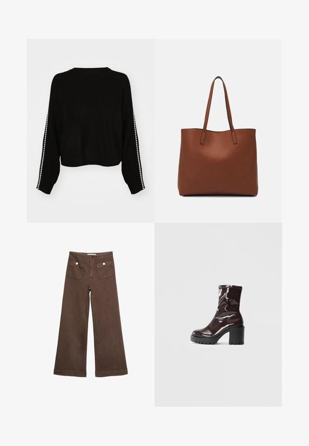 Maglione nero a coste con design cropped e maniche lunghe. Presenta un motivo a strisce bianche a contrasto lungo le maniche.; Pantaloni larghi marroni in cotone, con due tasche frontali decorate da bottoni argentati e una texture liscia.; Stivale alla caviglia bordeaux lucido con un tacco spesso nero, caratterizzato da una superficie liscia e un design semplice. Nessuna chiusura visibile o motivo.; Borsa tote in pelle marrone con texture liscia, design con apertura superiore e due spallacci. Presenta cuciture minime e nessun hardware visibile.