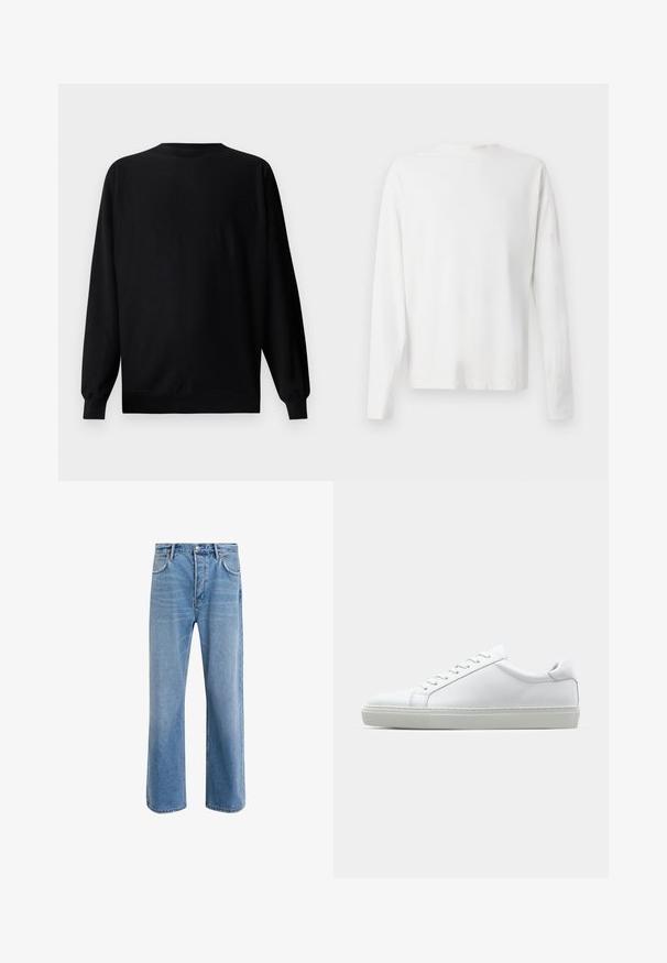 Felpa nera con maniche lunghe, scollatura a girocollo e polsini a costine. Presenta un logo goffrato discreto nella zona sinistra del petto.; Camicia bianca in cotone a maniche lunghe con scollatura rotonda, spacchi laterali in fondo e una texture liscia, mostrata da dietro.; Jeans in denim blu chiaro con design a gamba dritta, cinque tasche, chiusura con bottone, leggero sbiadimento e dettagli di cucitura a contrasto.; Sneaker bianco con tomaia in pelle liscia e profilo basso. Presenta una punta arrotondata, sei occhielli e una suola in gomma testurizzata.