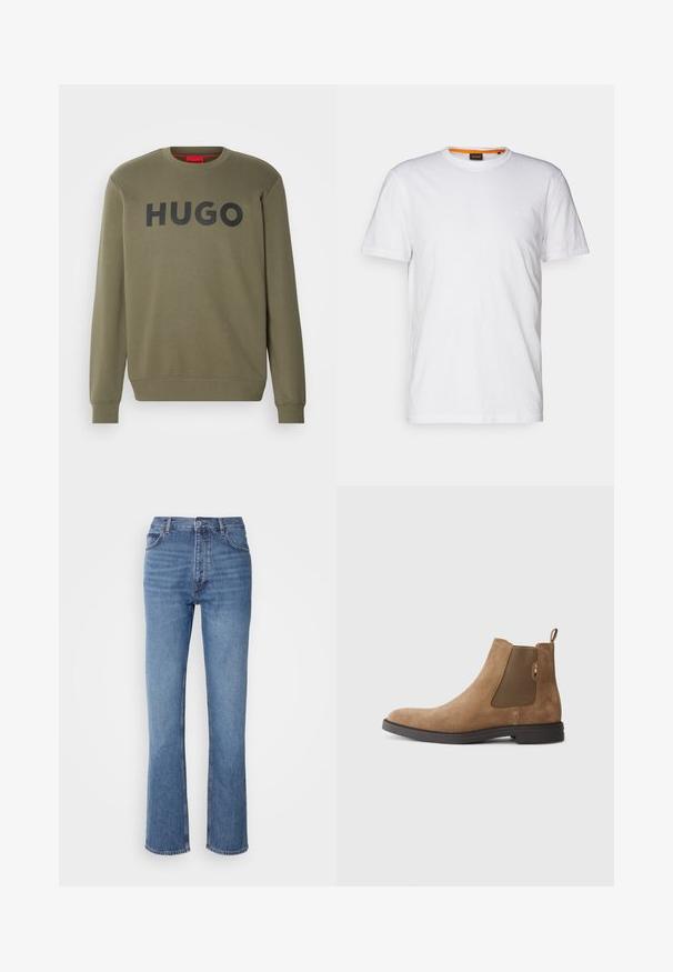HUGO DEM - Sweatshirt - dark beige; Vit bomulls T-shirt med rundad halsringning, korta ärmar och en diskret präglad logotyp på bröstet. Inuti finns en etikett med en orange accent.; Blå denimjeans med hög midja, rak bendesign och subtila blekningar. Har klassisk femficksdesign och dragkedja.; Brun mocka Chelsea-stövlar med elastiska sidopaneler och en dragflik. Har en rundad tå och en platt gummisula för stabilitet.