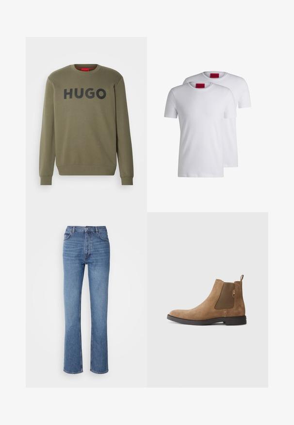 HUGO DEM - Collegepaita - dark beige; Kaksi valkoista T-paitaa, lyhyet hihat, tehty puuvillasta, joissa on punainen HUGO-tunnus kauluksessa. Ei kuvioita tai grafiikkaa.; Siniset farkut korkealla vyötäröllä, suoralla lahkeella ja hienovaraisella kulutuksella. Ominaisuuksiin kuuluu klassinen viiden taskun tyyli ja vetoketjukiinnitys.; Ruskeat mokkasaappaat Chelsea-tyyliin, joissa on joustavat sivupaneelit ja vetonauha. Ominaisuuksiin kuuluu pyöristetty kärki ja tasainen kumipohja vakauden takaamiseksi.