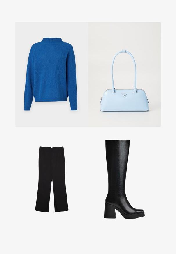 Blå stickad tröja med hög hals, lös passform och långa ärmar. Har ett texturerat mönster och ribbade fållar och ärmar.; Svarta byxor med rak passform, utrustade med framfickor och sidoklyvningar vid fållen. Tillverkade av mjukt, slätt tyg. Lämpliga för olika tillfällen.; Svarta knähöga stövlar gjorda av texturerat syntetmaterial, med fyrkantig tå, kraftig klack och slät, slank yta.; Ljusblå handväska med en strukturerad form, slät lädermaterial, två handtag och en triangulär logotyp framtill. Dragkedjestängning.