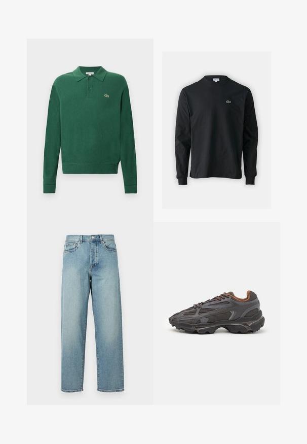 Πράσινο πλεκτό πόλο πουλόβερ με γιακά, τρεις κουμπιά και λογότυπο Lacoste. Διαθέτει ραμμένα μανίκια και στρίφωμα για αθλητική εφαρμογή.; Μαύρο μπλουζάκι με μακριά μανίκια από βαμβάκι, με στρογγυλή λαιμόκοψη και μικρό πράσινο κεντητό λογότυπο κροκοδείλου στην αριστερή πλευρά του στήθους.; Ανοιχτό γαλάζιο τζιν παντελόνι με χαλαρή εφαρμογή, ίσια πόδια, σχέδιο με πέντε τσέπες και κούμπωμα με κουμπί στη μέση. Ελάχιστη λεπτομέρεια ραφής.; Αθλητικά παπούτσια Lacoste σε σκούρο γκρι χρώμα, κατασκευασμένα από διχτυωτό και συνθετικό υλικό, με ελαστική σόλα και καφέ λεπτομέρειες στον γιακά και στο branding.