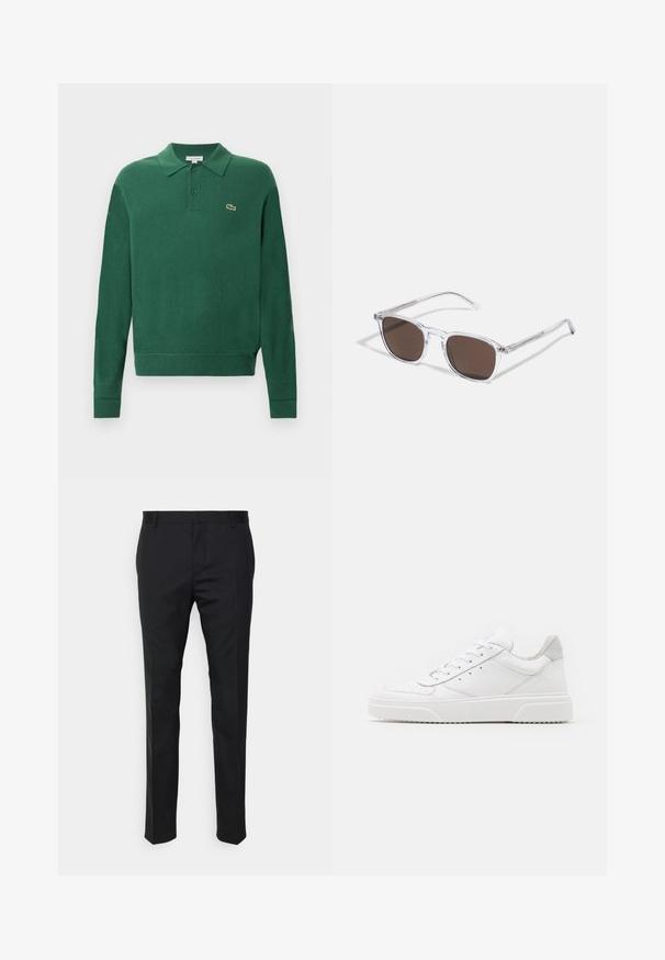 Polo de punto verde con cuello, tapeta de tres botones y logo de Lacoste. Presenta puños y dobladillo acanalados para un ajuste entallado.; Pantalones negros ajustados con corte recto, hechos de tejido suave. Presentan trabillas y detalle de pliegue en la parte frontal.; Zapatillas de cuero blanca con un acabado suave, punta redondeada, cordones planos y una suela texturada. Acento de ante gris en el talón.; Gafas de sol de plástico transparente con lentes marrones rectangulares, que cuentan con finas varillas transparentes y acentos metálicos en las patillas.