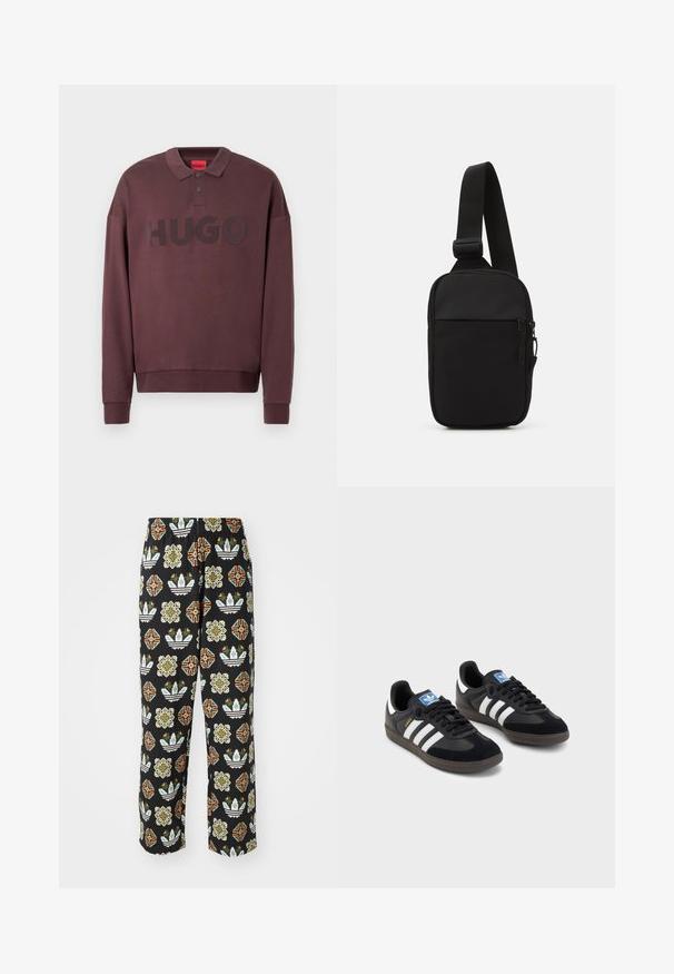 Long-sleeve dark brown polo sweatshirt with ribbed cuffs, two buttons at the collar, and "HUGO" printed across the chest.; White cotton t-shirt with short sleeves featuring a multicolored graphic print of a football helmet and text "1972 WORLD CHAMPS."; Black pants featuring an intricate pattern of various shapes, including floral designs and stripes in orange, green, and white.; Black sneakers with a suede and synthetic upper, featuring three white stripes, textured rubber sole, and blue logo tag on the tongue.; Black crossbody bag made of durable fabric, featuring a single adjustable strap, a zippered main compartment, and a front pocket.