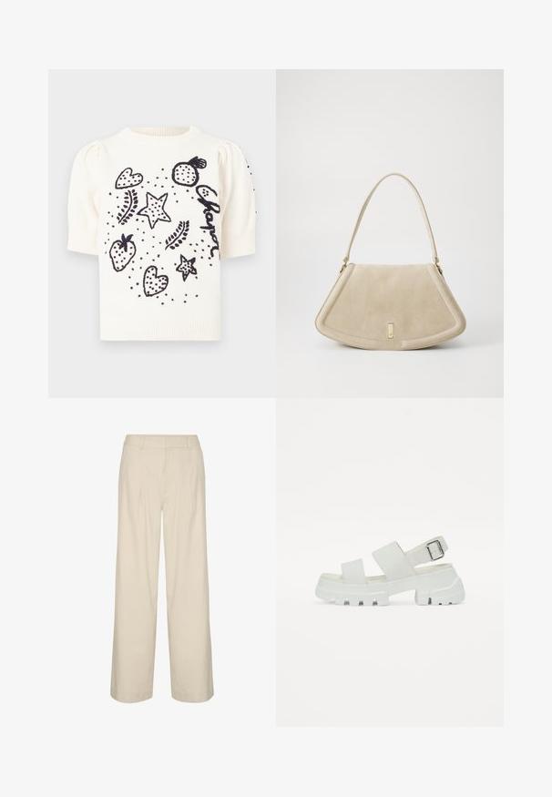 White short-sleeve sweater with black embroidered designs of hearts, stars, strawberries, and dots. Textured knit with puffed sleeves.; Beige wide-leg trousers in linen blend, featuring a high waist, pleats, and a smooth texture. No visible hardware or patterns.; White sandals with a chunky sole, featuring two wide straps and a buckle detail on the ankle strap. Smooth texture, minimalistic design.; Beige suede handbag with a rounded triangular shape, a single strap, and a gold-tone hardware accent on the front.