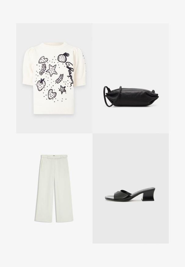 White short-sleeve sweater with black embroidered designs of hearts, stars, strawberries, and dots. Textured knit with puffed sleeves.; Wide-leg pants in light cream fabric, featuring side pockets, a flat front, and a single button closure at the waist. Smooth texture.; Black heeled mules with a glossy finish, open toe, and a wide strap. Block heel with a geometric shape adds stability. Silver accent detail.; Black leather clutch bag with a rectangular shape, smooth texture, thin shoulder strap, and minimalistic design.