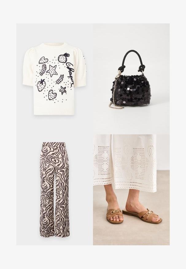 Hvit kortermet genser med svarte broderte design av hjerter, stjerner, jordbær og prikker. Strukturert strikk med puffede ermer.; Videbukser laget av lett stoff med en beige bakgrunn og brune zebra-striper, og har flat midjebånd.; Brune sandaler i skinn med flat såle, med kryssremmer og detaljer med metallspenne. Bært med et hvitt brodert skjørt.; Svart paljettmini-veske med en knyttet teksturert stropp og sølvkjede. Rund form med samlet topp og reflekterende detaljer.