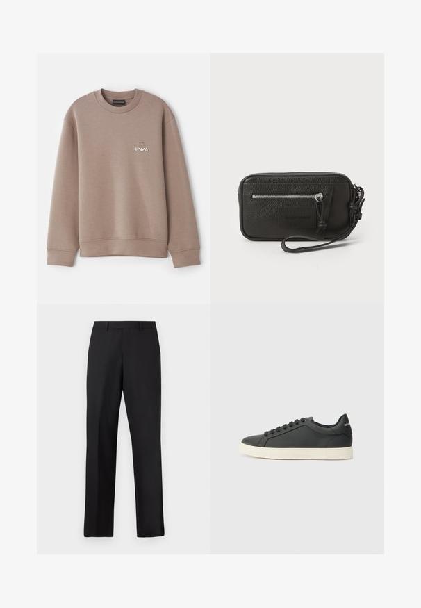 Rjava dukserica iz mehkega materiala. Ima krožni ovratnik in rebraste manšete. Dekorativni logo "EVA" na prsih z grbom nad njim.; Črne, hlače z ravnimi nogami iz gladke tkanine. Imajo običajen pas in brez vidnih vzorcev ali poudarkov.; Črne usnjene superge z nizkim profilom, okroglo špičko in vezalkami; vsebujejo teksturiran gumijast podplat in detajl z logotipom na peti.; Črna usnjena torbica s teksturirano površino, sprednjim žepom z zadrgo in odstranljivo zapestnico. Ima logotip na sprednji strani. Pravokotna oblika.