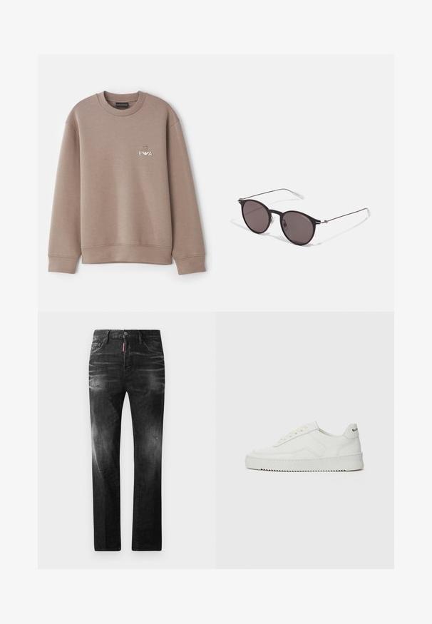 Brown sweatshirt made of soft material. Features a crew neck and ribbed cuffs. Decorative "EVA" logo on the chest with an emblem above it.; Black denim jeans with a straight fit. Features faded areas, minor distressing, classic five-pocket design, and a button closure.; White leather sneaker with a smooth finish, round toe, flat laces, and a textured sole. Features a subtle logo on the heel.; Black round sunglasses with dark lenses and slim metal arms. Includes clear temple tips and silver accents at the hinge. Minimalist design.