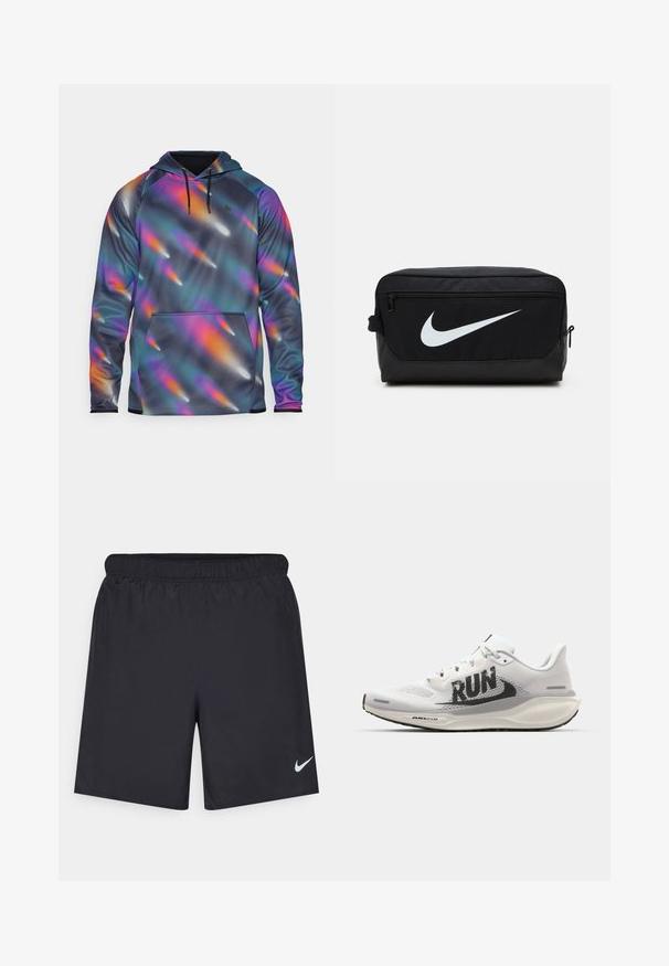 Sweatshirt com capuz em tecido liso e elástico, apresentando um fundo escuro e padrões abstratos multicoloridos vibrantes. Inclui bolso frontal.; Calças de desporto pretas feitas de material leve com uma cintura elástica. Apresenta um pequeno logótipo branco da Nike no canto inferior esquerdo.; Sapatilha de corrida branca com parte superior em malha, grande gráfico preto "RUN", detalhes em cinza claro e sola acolchoada com a marcação "AIR 200M".; Bolsa de toalete Nike preta com textura suave, apresentando o logo swoosh branco, fecho superior com zíper e um bolso lateral.