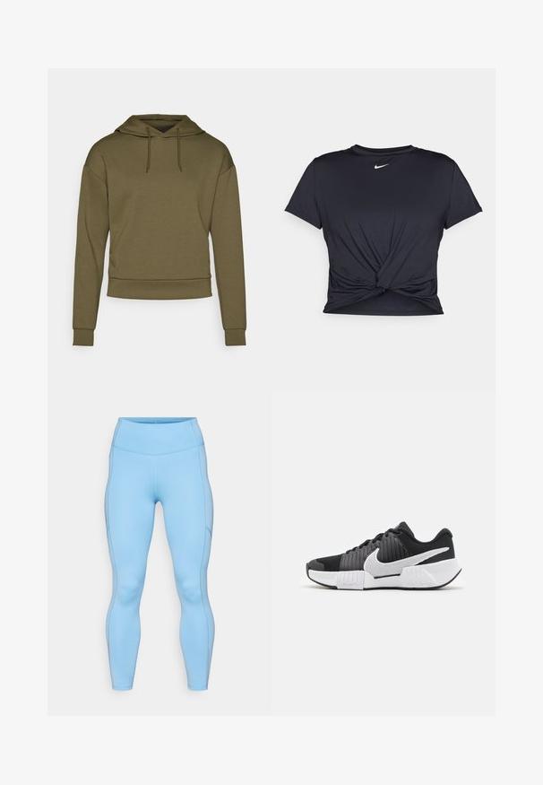 ONLY Play ONPLOUNGE LIFE HOOD - Mikina s kapucňou - kalamata; Čierne atletické tričko vyrobené z hladkej tkaniny, so zaväzovaným predným dizajnom a malým bielym logom Nike na hrudi.; Svetlomodré legíny vyrobené z elastického materiálu. Obsahujú vysoký pás, hladký povrch a zakrivené švy pozdĺž nôh.; Čierno-biele športové topánky s textúrovaným zvrškom, výrazným logom Nike a kontrastným dizajnom podrážky pre lepšiu priľnavosť a stabilitu.