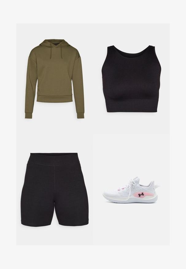 ONLY Play ONPLOUNGE LIFE HOOD - Džemperis ar kapuci - kalamata; Melnā ribota īsā topa ar augstu kakla izgriezumu un plašām rokām, kas izgatavota no mīksta, elastīga auduma komfortam un bezšuvju dizaina.; Melni riteņbraukšanas šorti ar augstu jostasvietu, izgatavoti no elastīga, mīksta auduma. Iezīmē plakanas šuves un gludu tekstūru komfortam.; Balta sporta apavi ar rozā akcentiem un melno Under Armour zīmolu, adīta augšdaļa un balta zole, redzami no kreisās puses.