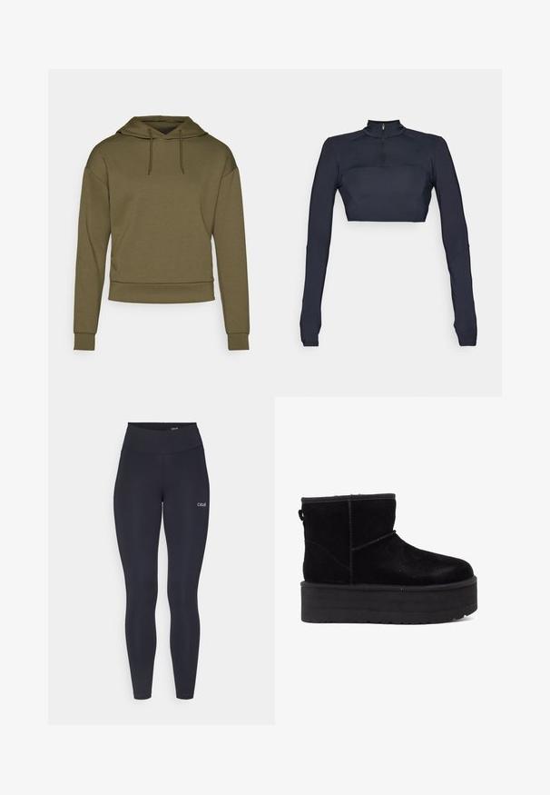 ONLY Play ONPLOUNGE LIFE HOOD - Sweat à capuche - kalamata; Top court à manches longues bleu marine avec un col montant et une fermeture éclair quart, présentant des panneaux d'épaule texturés et une silhouette ajustée.; Leggings noirs avec une taille haute, en tissu extensible, présentant un petit logo blanc sur la cuisse et une texture lisse.; Bottines en suede noir avec une semelle épaisse et un intérieur doux. Finition avec des accents de couture et une languette arrière pour les enfiler facilement.