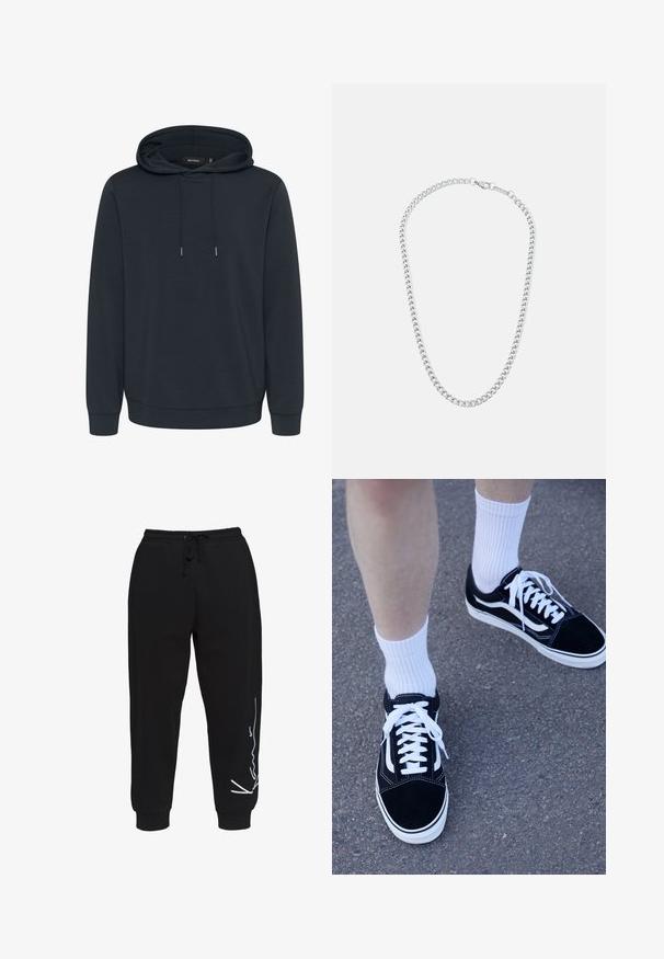 Felpa con cappuccio grigio scuro realizzata in tessuto morbido. Presenta un cappuccio con lacci, maniche lunghe e polsini e orlo a coste. Texture liscia, design semplice.; T-shirt nera in cotone con maniche corte, scollo rotondo e logo bianco stampato sul davanti. Tessuto liscio e vestibilità rilassata.; Pantapalotti neri in cotone, con vita elasticizzata e cordoncino, gamba affusolata e un design di logo bianco sul lato sinistro.; Sneaker in suede nera con dettagli e lacci bianchi, abbinate a calze corte bianche a coste, posizionate su una superficie grigia texturizzata.; Collana in metallo argentato con maglie intrecciate e chiusura sicura, texture liscia, finitura uniforme e design classico.