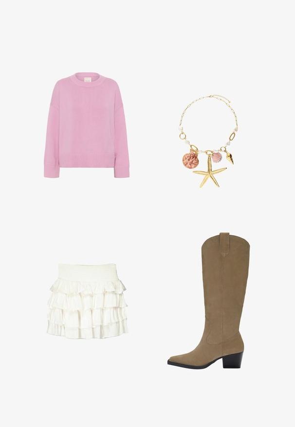 Maglione rosa lavorato a maglia con scollatura rotonda, spalle abbassate e polsini a coste. Il tessuto ha una texture morbida e una vestibilità rilassata.; Gonna bianca con ruches e vita arricciata. Presenta volant sovrapposti in tessuto trasparente che creano un aspetto texturizzato e fluttuante.; Stivali in suede color cammello al ginocchio con punta a punta, tacco impilato e dettaglio di cuciture lungo i lati. Texture liscia e design strutturato.; Collana in oro con perle bianche e conchiglie decorative, tra cui una stella marina, con una combinazione di superfici a trama e lisce.