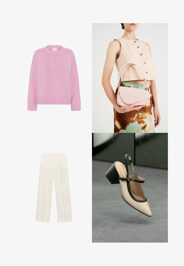Ružový pletený sveter s okrúhlym výstrihom, spustenými ramennými švami a rebrovanými manžetami. Tkanina má mäkkú štruktúru a voľný strih.; Široké nohavice vo svetlej krémovej farbe. Vyrobené z hladkej látky s skladmi vpredu a bočnými vreckami.; Béžová lodička so špicatou špičkou, s čiernym lemom, zlatou prackou a robustným blokovým podpätkom na šedom podlahe s tmavozeleným pozadím.; Ružová kožená kabelka s zakriveným klapkovým uzáverom, jedným ramenným popruhom a čistými líniami. Kabelka má hladkú textúru a minimalistický dizajn.