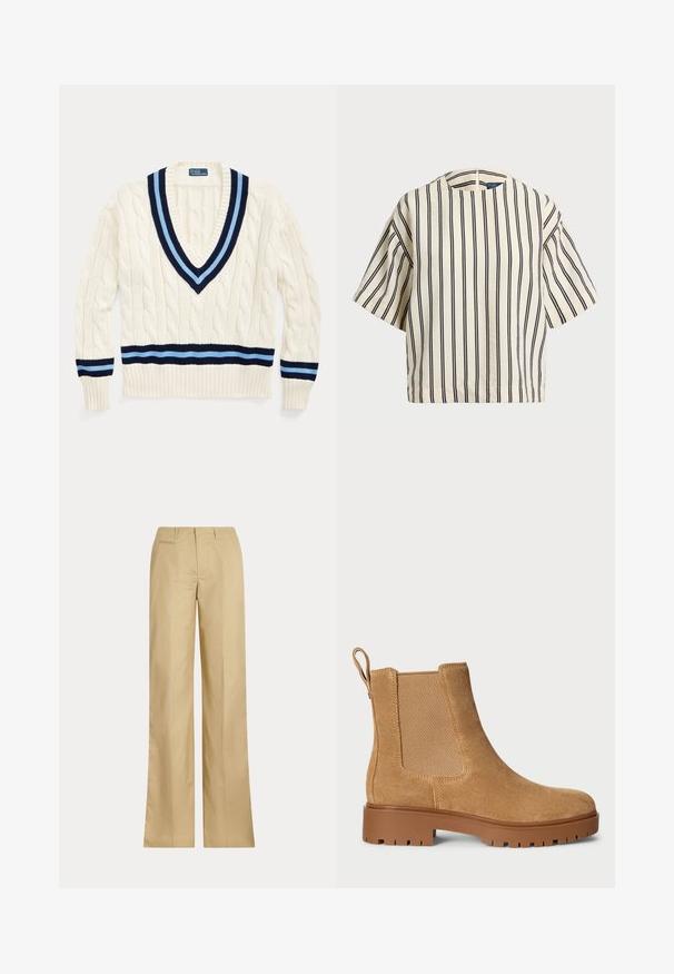 Kremowy sweter o splocie w warkocze z dekoltem w kształcie V, z granatowymi i jasnoniebieskimi paskami na kołnierzu oraz dolnym obszyciu.; Krótki rękaw, paskowana bluzka w kolorze kremowym i granatowym, z okrągłym dekoltem i pudełkowym krojem, wykonana z fakturowanej tkaniny.; Beżowe spodnie o szerokich nogawkach wykonane z gładkiej bawełny, z klasycznym pasem i tylną kieszenią, o prostym kroju i minimalnych detalach.; Beżowe zamszowe botki Chelsea z elastycznymi panelami bocznymi, grubą brązową gumową podeszwą i pętlą do zakładania z tyłu.