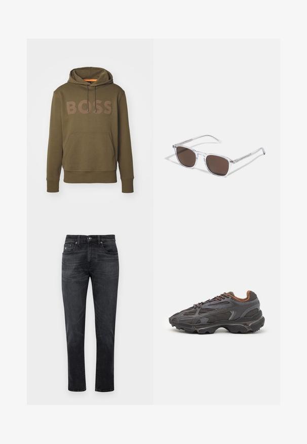 Hanorac verde măsliniu fabricat dintr-un material moale, având un buzunar frontal tip kangaroo, șnururi și un logo mare "BOSS" într-o nuanță în contrast.; Jeans negri din denim cu un croi drept, având un design cu cinci buzunare și fermoar. Detalii subtile de estompare și cusături pe buzunare.; Adidași Lacoste de culoare gri închis, din material mesh și sintetic, cu o talpă texturată și accente maronii pe guler și branding.; Ochelari de soare din plastic transparent cu lentile dreptunghiulare maro, având brațe subțiri, transparente și accente metalice pe tâmple.