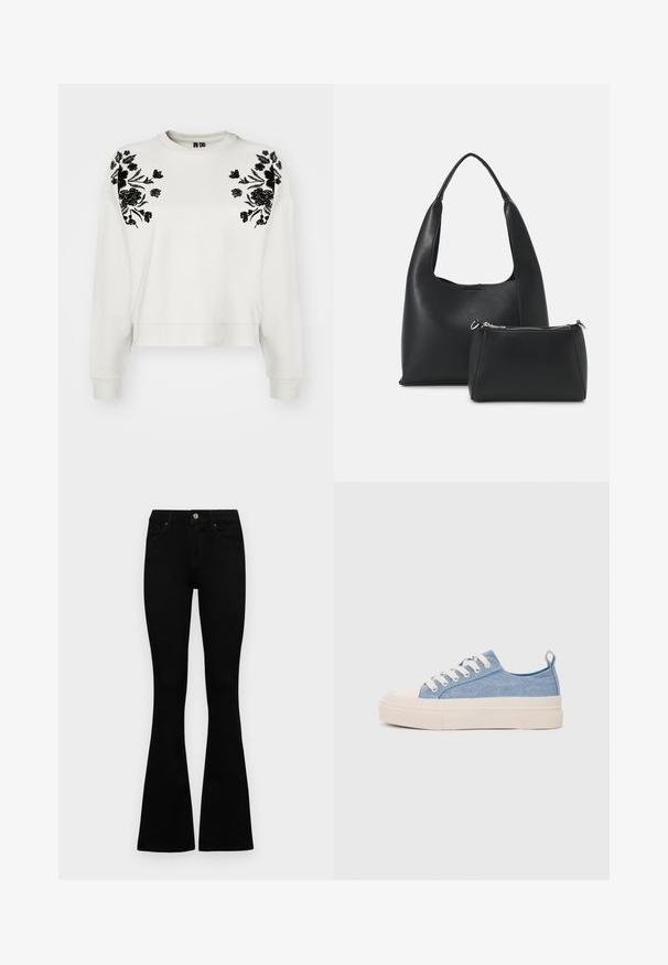 Vero Moda VMHELEN TRINA BOX - Melegítőfelső - birch/black; Fekete, magas derekú farmernadrág gomb- és cipzárzárral, elülső zsebekkel és harangszárral, laposan egy fehér háttérre terítve.; Világoskék vászon sportcipők, krémszínű gumitippel és talppal, fehér fűzőkkel és egy húzófüllel a sarkán.; Even&Odd Kézitáska - black