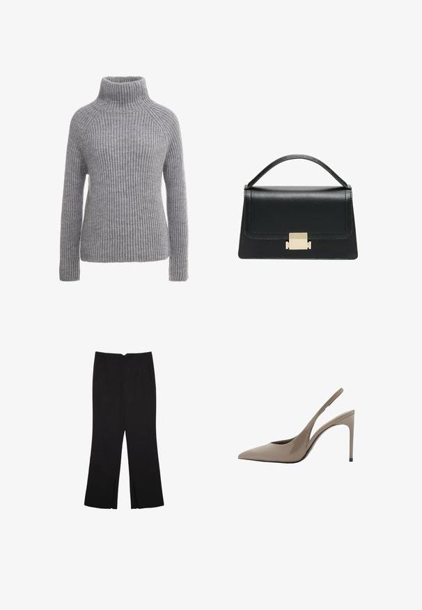 Maglione grigio lavorato a maglia con colletto alto, texture a costine e maniche lunghe. Presenta cuciture raglan e una silhouette aderente.; Pantaloni neri a gamba dritta, con tasche frontali e spacchi laterali all'orlo. Realizzati in tessuto morbido e liscio. Adatti a diverse occasioni.; Décolleté in vernice beige con punta affusolata e design elegante, caratterizzate da un sottile tacco alto e un dettaglio a taglio sul lato.; Borsa a tracolla in pelle nera con design strutturato, manico superiore e dettaglio in metallo dorato sulla parte frontale. Texture liscia, cuciture minime.