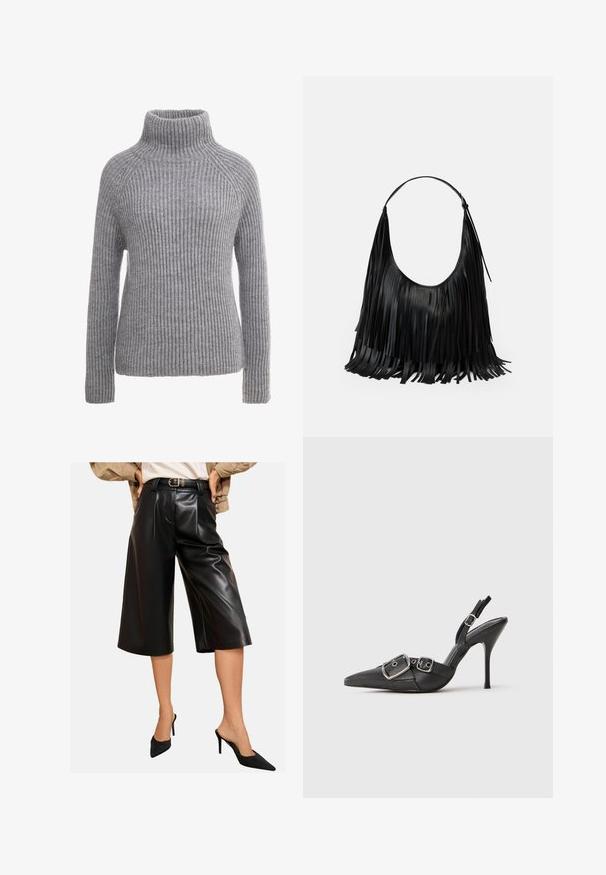 Pulover tricotat gri cu guler înalt, textură cu felurițe și mâneci lungi. Prezintă cusături raglan și o siluetă ajustată.; Culote negre din piele sintetică cu croială largă, având pliseuri frontale și talie înaltă cu curea. Textură netedă cu un finisaj lucios.; Stiletto cu vârf ascuțit, de culoare neagră, cu catarame duble argintii și o brățară pentru gleznă, expus pe un fundal alb simplu.; Geantă din piele neagră cu detalii franjurate, formă curbată și un singur mânere pentru umăr. Textură netedă și un design minimalist general.