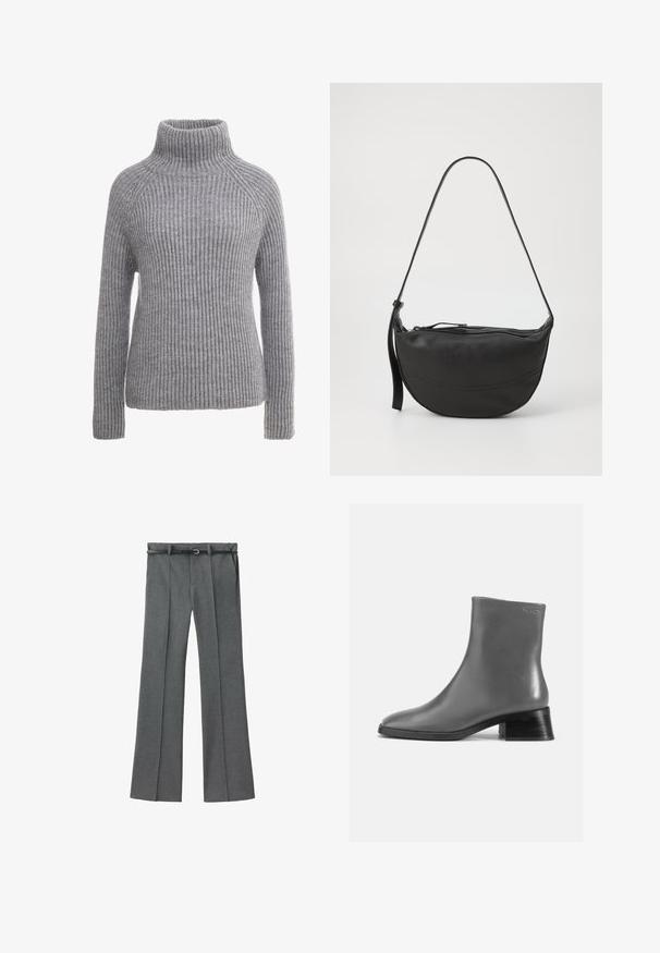 Grå strikket sweater med høj krave, ribbede teksturer og lange ærmer. Har raglan-sømme og en tætsiddende silhuet.; Grå skræddersyede bukser med lige ben, letvægtigt stof, bæltesløjfer og et smalt bælte med en sølvspænde.; Grå læder ankelstøvle med rund tå og en kort, stablet sort hæl. Glat tekstur med minimal detaljer.; Sorte læder skuldertaske med buet form, enkelt rem, lynlås lukning og diskret syning langs taskens krop.