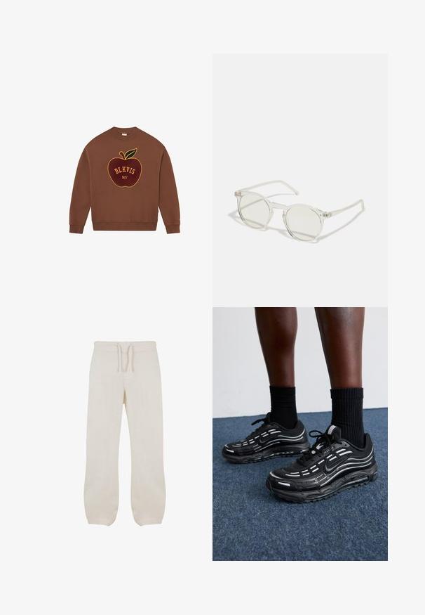 Hnedá mikina s vyšitou aplikáciou jablka a textom "BLKVIS NY" v žltej a tmavočervenej farbe. Rebrované manžety a lem. Mäkká látka.; Svetlé béžové ľanové nohavice s elastickým pásom a šnúrkou. Rovný strih s hladkou textúrou a miernym zúžením pri členkoch.; Čierne tenisky Nike majú sieťkový zvršok s akcentovými pruhmi, textúrovaným šnurovaním a čiernu gumovú podrážku. Nosené s čiernymi rebrovanými ponožkami.; Kruhové slnečné okuliare s priehľadným rámom, svetlozelenými sklami a tenkými, priehľadnými stranami. Rám obsahuje jemné kovové akcenty.