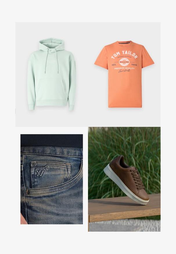 Mintgrüner Hoodie aus einer Baumwollmischung. Besitzt eine Kängurutasche, eine verstellbare Kapuze mit Kordelzug und gerippte Bündchen mit einem Logo auf der Brust.; Kurzarm-T-Shirt in Korallenorange mit rundem Halsausschnitt. Mit weißem grafischem Text und Logodetails auf der Vorderseite. Aus Baumwolle.; Blaue Jeans aus Denim mit einem ausgeblichenen Muster, ausgestattet mit einer Münztasche und einem schwarzen Logo-Akzent auf der Vorderseite. Der Bund besteht aus dunkelblauem, geripptem Stoff.; Braune Ledersneaker mit weißer Gummisohle, runder Zehenform und braunen Schnürsenkeln. Strukturierte Grip-Oberfläche auf der Sohle und glatte Verarbeitung im oberen Bereich.