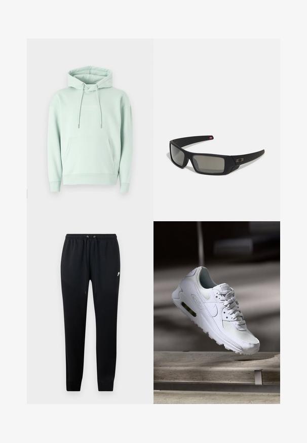 Huppari mintunvihreästä puuvillaseoksesta. Varustettu kengurupussilla, säädettävällä nyörihuppulla ja ribbaustaskuilla, joissa on logo rinnassa.; Mustat collegeshortsit, jotka on valmistettu pehmeästä kankaasta. Niissä on elastinen vyötärö, jossa on nyörit, lahkeet on käännetty ja sivussa on pieni logotunnus.; Valkoiset Nike Air Max 90 -lenkkarit, joissa on verkko- ja nahkapinta, rei'itetty kärki ja näkyvä ilmayksikkö kantapäässä.; Mustat aurinkolasit matta-pinnalla, suorakulmaiset linssit, hieman kaarevat tempaukset, hienovarainen logo-yksityiskohta ja savunväriset linssit.