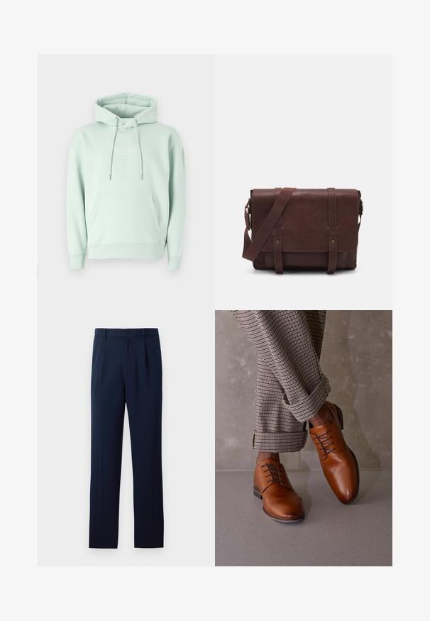 Menta zelena dukserica od mješavine pamuka. Ima kengur džep, kapuljaču s podesivom vrpcom i rebraste manžete s logotipom na prsima.; Tamnoplave hlače od glatkog materijala, s jednim gumbom za zatvaranje, nabranim detaljima i ravnim nogavicama. Minimalistički dizajn bez istaknutih uzoraka.; Smeđe kožne cipele imaju zaobljen vrh, pet rupa za vezivanje i kontrastne tamne vezice. Hlače su karirane i podvrnute na rubovima.; Smeđa kožna torba za messenger s ravnim prednjim poklopcem, dva remena, zlatnim hardverskim detaljima i podesivim remenom za rame.