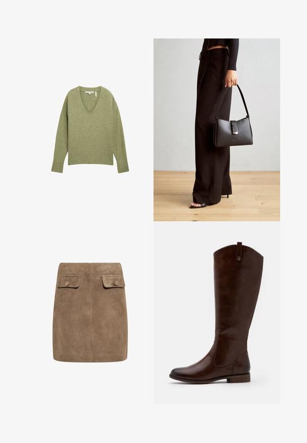 TOM TAILOR DENIM MIT V-AUSSCHNITT - Pulóver - greyish green melange; Barna szarvasbőr mini szoknya sima textúrával, két elülső hajtókával és gombos záródásokkal mindkét oldalon. Egyszerű, egyenes szabás.; Barna, térdig érő csizmák sima bőrből, lekerekített orral, alacsony, rakott sarokkal és diszkrét varrással az oldalán.; Fekete kézi táska strukturált formával, sima textúrával és fémből készült záródással. Széles fekete nadrággal és nyitott orrú szandállal párosítva, fából készült padlón.