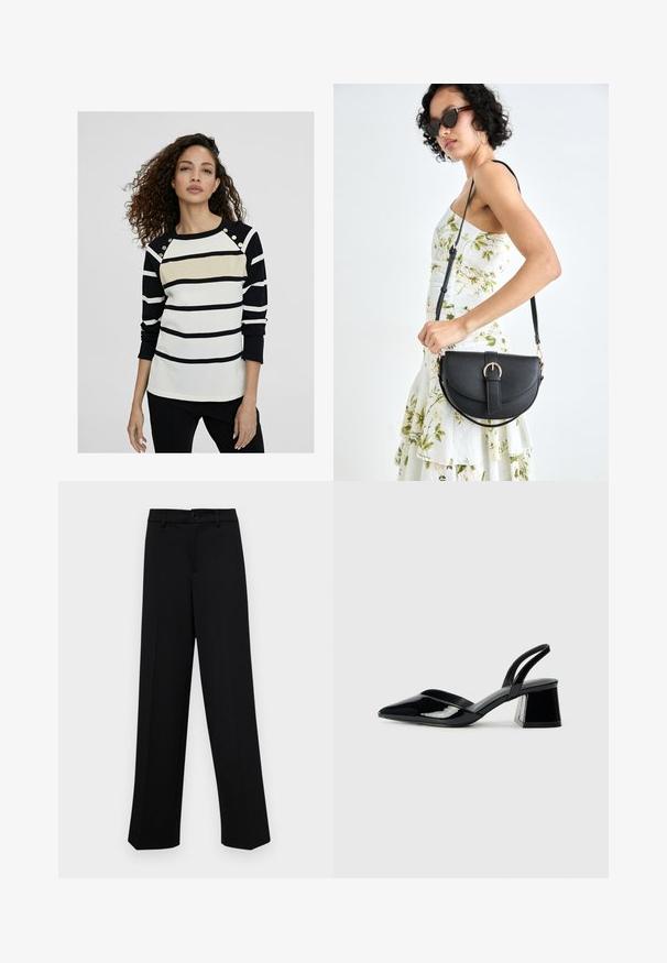 Striped long-sleeve shirt in black, white, and gold. Features gold accent buttons on shoulders and a soft texture. Regular fit.; Black wide-leg trousers made of smooth fabric, featuring a classic waistband with a button closure and front pleats.; Black patent leather slingback heels with a pointed toe and a geometric block heel. Features a sleek, minimal design and smooth texture.; Black leather handbag with a curved shape, detachable strap, and gold hardware. The bag features a flap with a buckle detail.