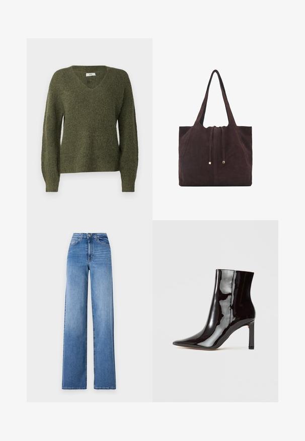 JDY JDYINGEBORG ADA LIFE V-NECK - Jumper - winter moss; Light blue wide-leg jeans made of denim, featuring a high waist, front pockets, and a standard button closure. Smooth texture.; Black patent leather ankle boot with a pointed toe and sleek silhouette. Features a stiletto heel and smooth texture.; Mango Tote bag - dark brown