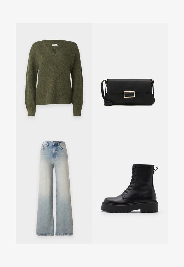 JDY JDYINGEBORG ADA LIFE V-NECK - Pulover - winter moss; Svijetloplave široke traperice s visokim strukom, koje imaju pet džepova i vidljivo šivanje uz šavove.; Črne usnjene gležnjarje z okroglo konico, vezalnim sprednjim delom in debelim gumijastim podplatom z teksturiranim profilom. Zanka na hrbtni strani.; Črna usnjena torbica na preklop z zlato kovinsko zaponko. Vključuje črn trak in eleganten, minimalističen dizajn.; Zlate obroče ušesne uhane, tanke in krožne oblike, z gladko kovinsko površino brez okrasnih elementov ali vzorcev.